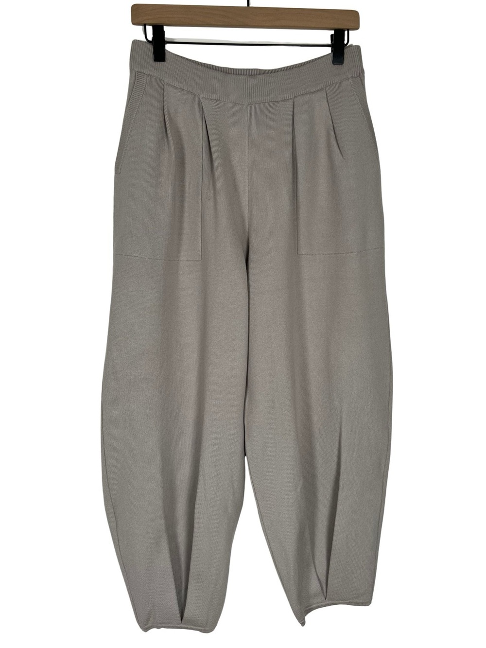 Sweater Knit Barrel Leg Pants Women 2XL Pleated Cotton Blend Beige Gray